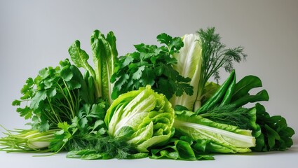 Various sheaves of greens arranged on a white wooden background serving as a decorative border, viewed from above