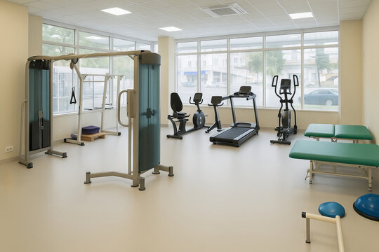 Modern physical rehabilitation room with professional equipment including treadmill, exercise bikes and therapy tables. Concept of medical recovery, physiotherapy, health rehabilitation facility - Powered by Adobe