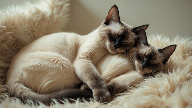 Domestic cat siblings relaxing and hanging out. Two cats cuddling and hugging. Rest and cozy nap time. Ideal home pets. - Powered by Adobe