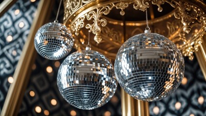 Obraz premium Disco ball hanging from the ceiling as decoration. Close-up view of a crystal mirror disco ball. mirror ball