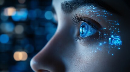 Close-up of a person's face with glowing digital patterns overlaid on the eye