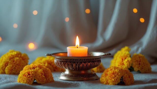Diya lamp adorned with beautiful marigold flowers on a light background. Diwali celebration