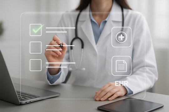 Young Caucasian female doctor reviewing electronic health records on a modern digital interface. Concept of healthcare technology, patient management, medical professionalism