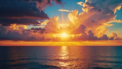Dramatic sky and sun rays. Stormy cloud sky. Clouds over the ocean. Dark cloudy sky at sunset background. Cloudy sky with sea backdrop.
