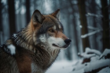 Fototapeta premium Striking Portrait of a Wolf in a Snowy Forest Looking to the Distance