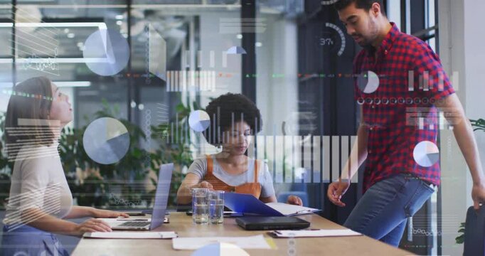 Man placing folder on table prompts colleagues reviewing folder, floating data charts for analysis
