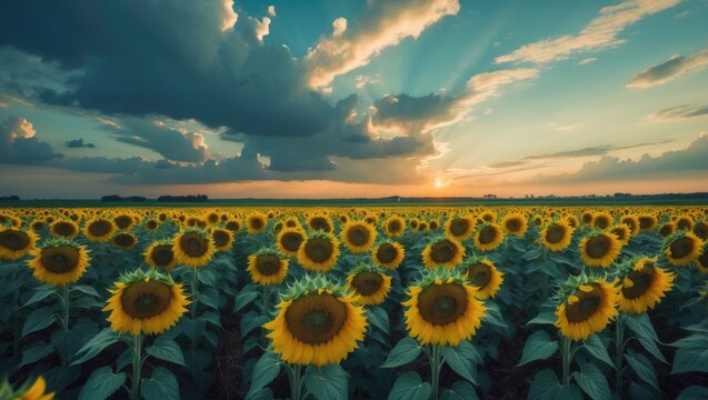 Sunflower field featuring yellow sunflowers at sunset with a breezy climate.