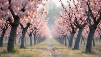 Fototapeta premium Field of pink flowered trees naturally grown preparing to blossom