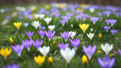 Field of flowering crocus vernus plants, cluster of vibrant early spring blooms in full bloom, lush green grass