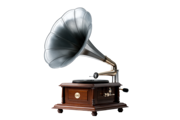 Vintage gramophone with metallic horn on transparent background