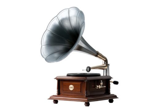 Vintage gramophone with metallic horn on transparent background