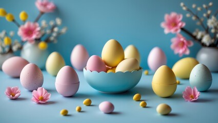 Festive Easter background featuring multicoloured Easter eggs on a blue table, with a card providing space for text, viewed from above.