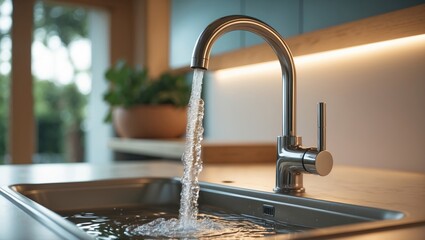 Close-up of a modern kitchen faucet with water flowing from the tap into an empty dish sink within a stylish home interior, emphasizing sustainable resources consumption.