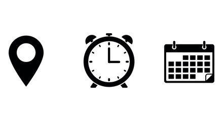 Time management and planning concept with clock, calendar, and location icon vector illustration