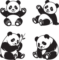 Naklejka premium Panda silhouette set vector illustration isolated On Transparent Background