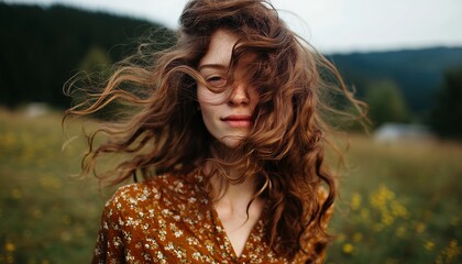 A woman with curly hair enjoys a breezy day outdoors, surrounded by a serene natural landscape.
