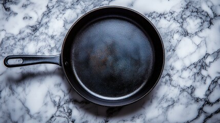 Empty cast iron skillet on marble