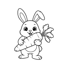 Adorable cartoon bunny vector illustration of a happy baby rabbit with an carrot, perfect for a fun coloring book