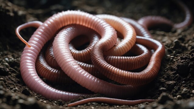 Earthworms in black soil of greenhouse. Macro Brandling, panfish, trout, tiger, red wiggler, Eisenia fetida. Garden compost and worms recycling plant waste into rich soil improver and fertilizer.