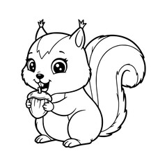 Cute cartoon domestic animal sketch of a squirrel with an acorn. coloring book