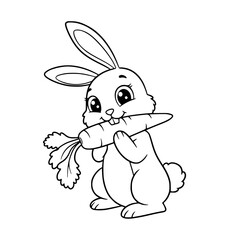 Adorable cartoon bunny vector illustration of a happy baby rabbit with an carrot, perfect for a fun coloring book