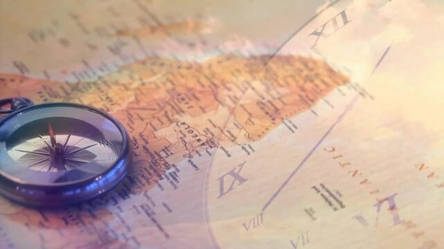 Compass resting antique West Africa map, camera panning eastward, clock hands moving tracking time