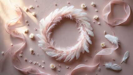 Feather wreath adorned with pink fabric ribbon on pastel pink background, decorated with tiny flower ornaments, top view.