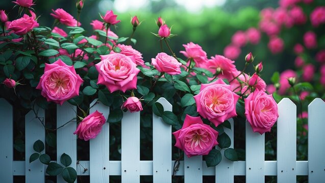 Red rose climbing fence in the garden with picket design.