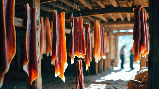 Hakarl, fermented shark, drying in Iceland.