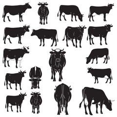 Nine Black Silhouette Drawings of Dairy Cattle Perfect for Farming Posters, Ranch Signs, and Milk Industry Graphics