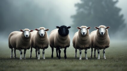 Fototapeta premium Five sheep in a field on a misty morning in Dorset, captured during a tranquil and foggy dawn.