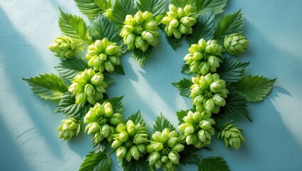 Festive, romantic concept. Flowers and light green hops on a light gray, pastel background. Copy space, background, top view