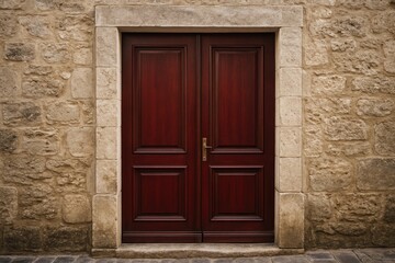 A historic structure featuring a deep crimson double entrance set within a stone facade