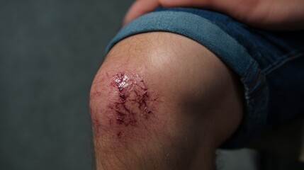 Fototapeta premium Close-up of a scraped knee with visible wounds and blood, showcasing the aftermath of an accident, highlighting the importance of safety and care in outdoor activities