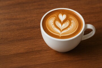 Aromatic coffee served in a white mug featuring intricate latte art against a rustic wooden surface with room for text