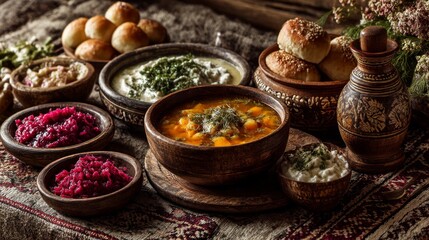 Colorful assortment of traditional dishes served in rustic wooden bowls, featuring vibrant salads, creamy dips, and freshly baked bread, creating a warm and inviting dining experience