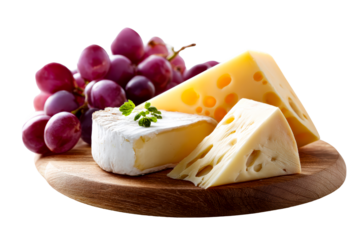 Cheese platter with assorted varieties and grapes on wooden board