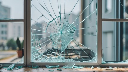 Shattered and fractured glass pane