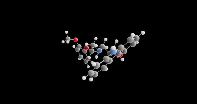 Carvedilol molecule, rotating 3D model of beta-blocker, looped video on a black background
