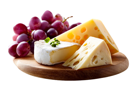 Cheese platter with assorted varieties and grapes on wooden board