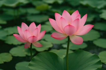 Detailed close-up of blooming lotus flowers in a pond