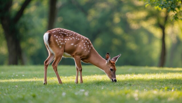 Detailed view of a graceful deer feeding on the grass