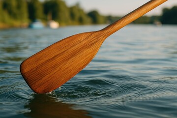 Detailed shot of a wooden oar partially submerged in calm water with a soft-focus backdrop hinting at boats and tranquil aquatic surroundings