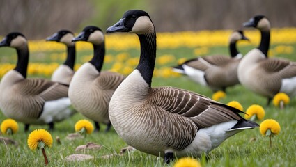 A Canada goose resting in a meadow surrounded by blooming dandelions, with a flock of geese nearby feeding and gazing at the lens