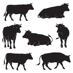 Stylized Cow Illustrations in Clean Black and White Silhouette Format Suitable for Livestock Farm Icons and Organic Label Designs