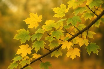 Autumn scene featuring a maple branch adorned with vibrant yellow and green leaves, set against a softly blurred backdrop.
