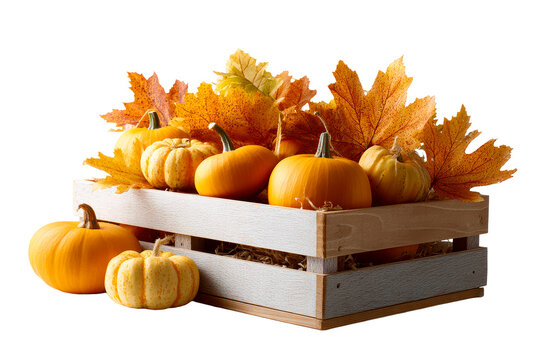 Colorful autumn pumpkins and leaves in a wooden crate display