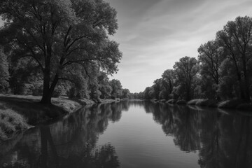 Monochrome scenery depicting a peaceful riverside with abundant foliage and a bright sky
