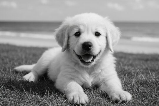 Fototapeta A adorable puppy resting on the grass in monochrome photography