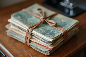 Stack of vintage postcards tied with ribbon on a sewing table.
